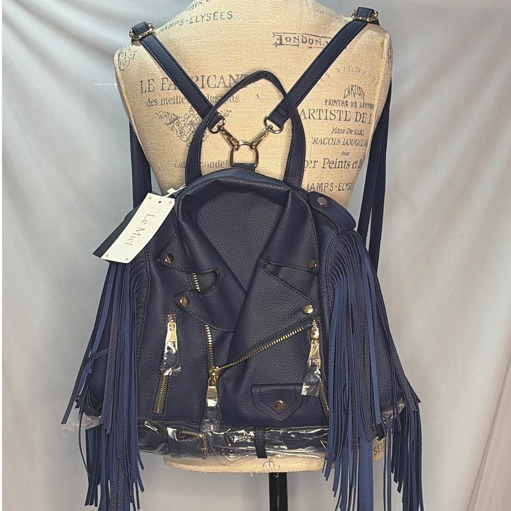 Le Miel Navy Blue Vegan Leather Moto Jacket Fringe Backpack Gold Hardware NWT